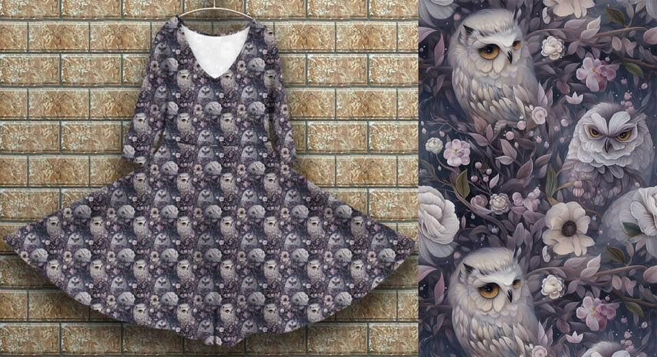 Peggy dress, owl florals