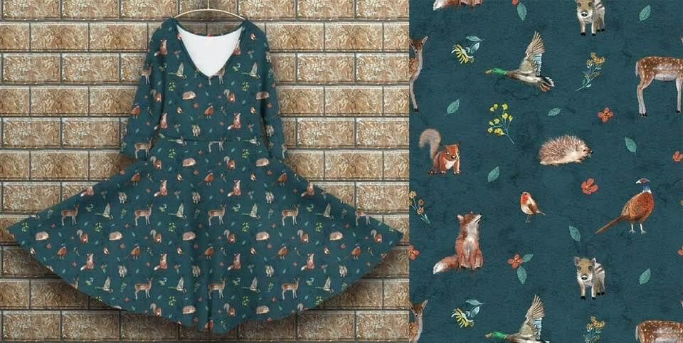 Peggy dress teal woodland animals