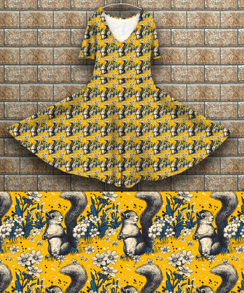 P7 Peggy Dress - Squirrels on yellow