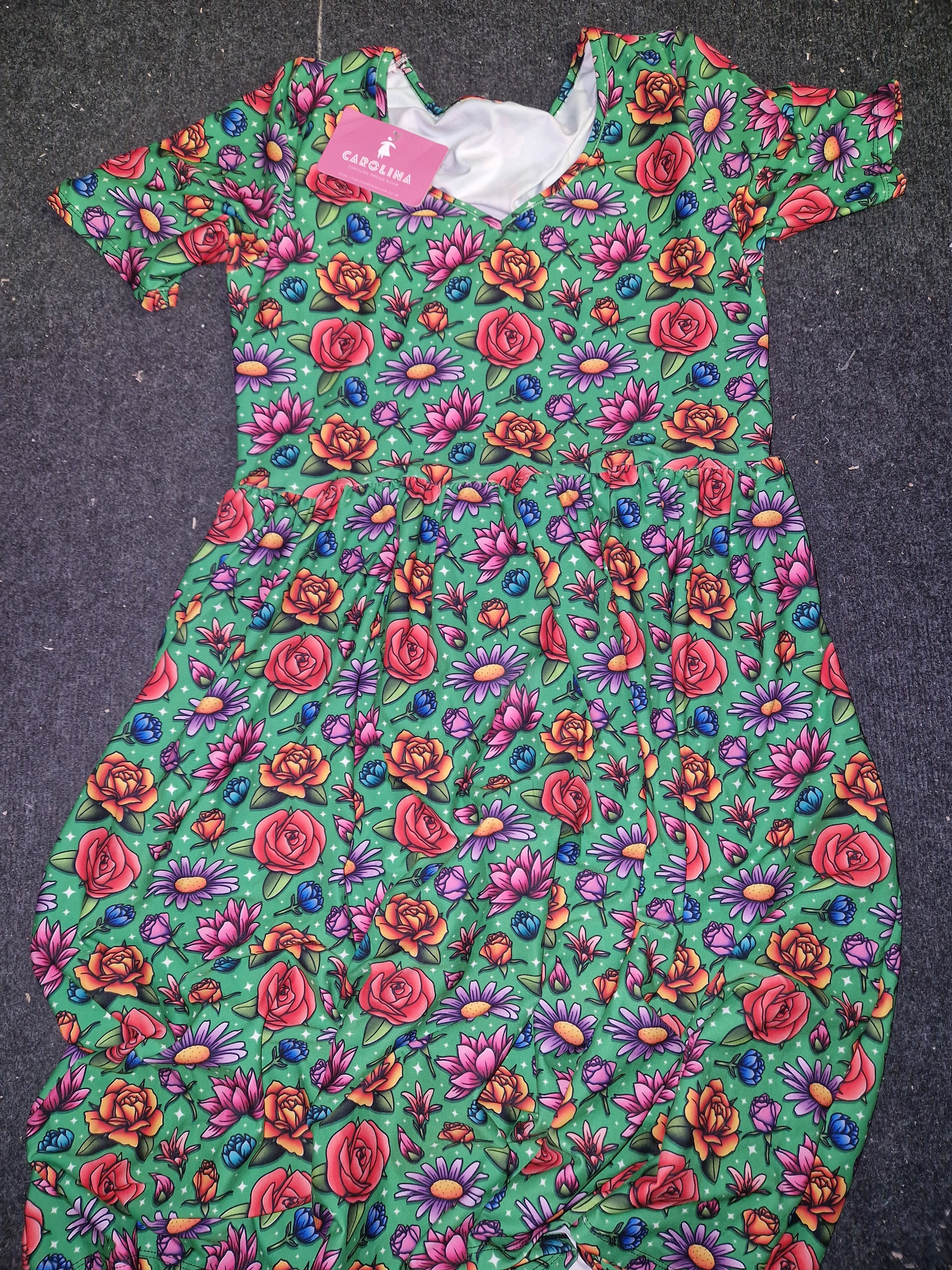 Short Sleeve Tea dress - Flowers on Green (6/12)