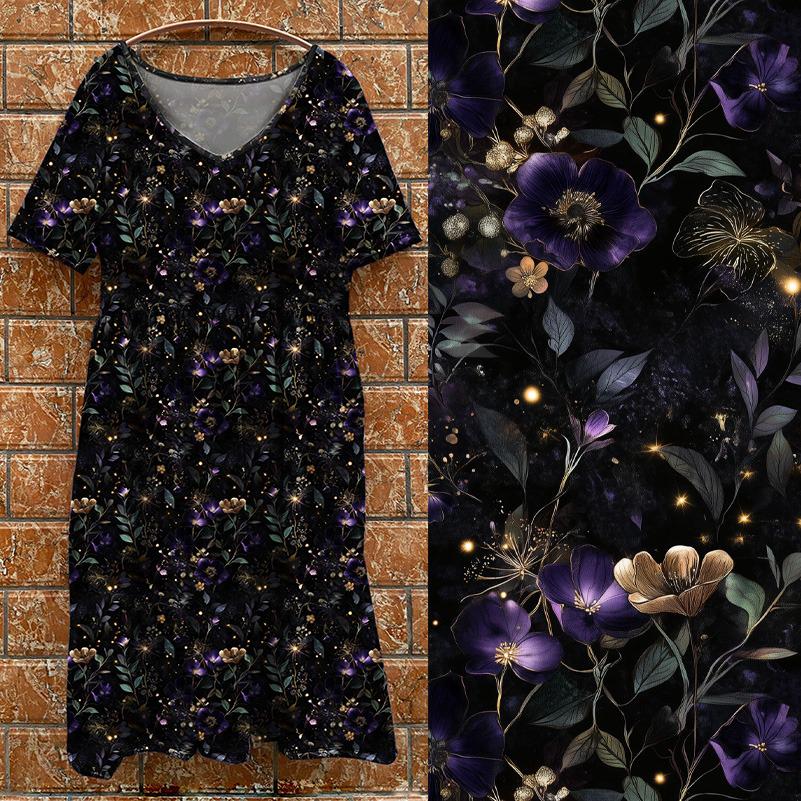 Short Sleeve Tea dress - Purple/Gold Flowers
